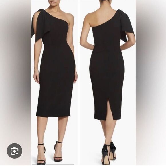 NWT Dress The Population Tiffany One-Shoulder Cocktail Midi Black Dress Small - Picture 1 of 10